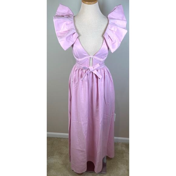 For Love & Lemons Miriam Ruffle Sleeve Bow Detail Pink Maxi Dress Sz Small - Picture 9 of 15